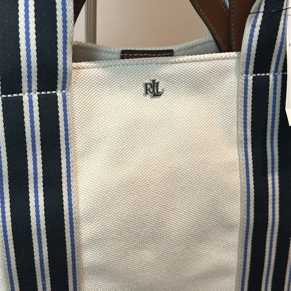 Lauren Lora Canvas Leather Off White Nautical Striped Snap Close Tote